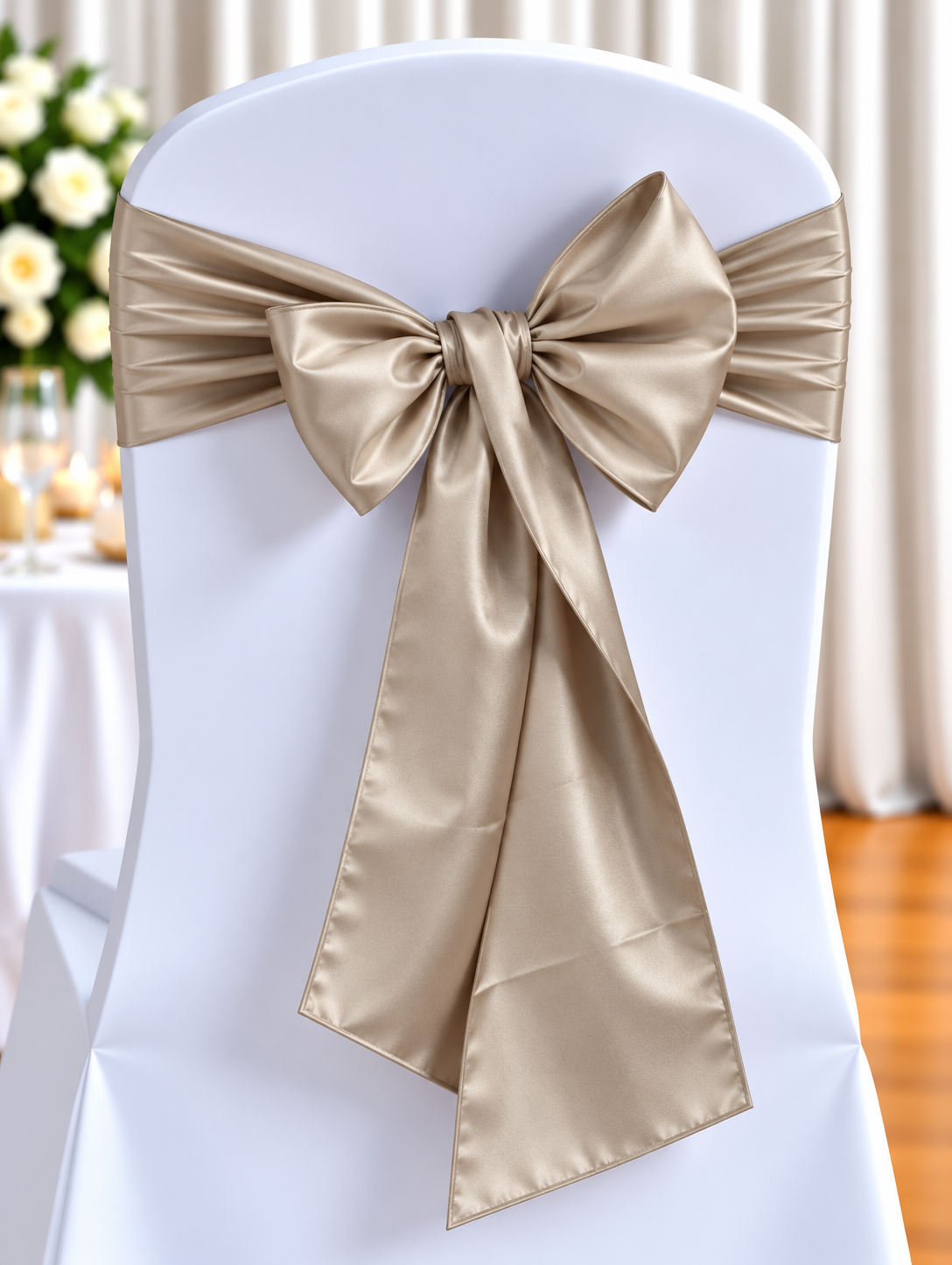 Satin Beige | Osmic Productions White Chair Covered in Fabric with a Large Champagne Satin Bow Tied at the Back, Wedding Reception Decor in Soft Focus.