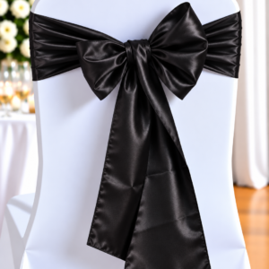 White chair covered in a white fabric with a large black satin bow tied at the back, used as formal event decor