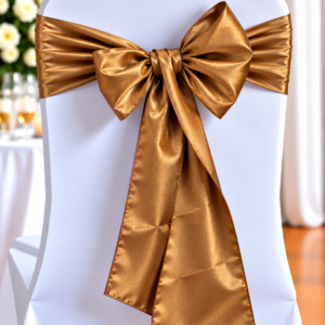 White chair covered in fabric with a large bronze satin bow tied around the back.