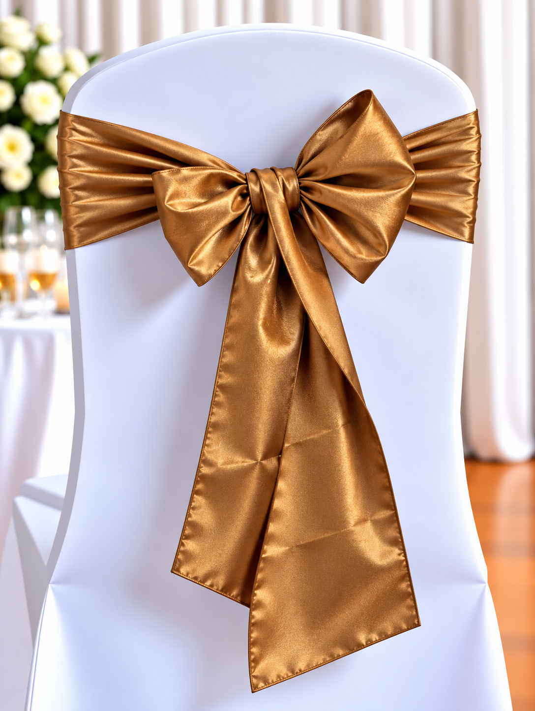Satin Bronze Gold | Osmic Productions White Chair Covered in Fabric with a Large Bronze Satin Bow Tied Around the Back.