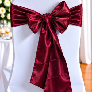 White chair covered in fabric with a rich burgundy satin bow tied around the back, as wedding decor.