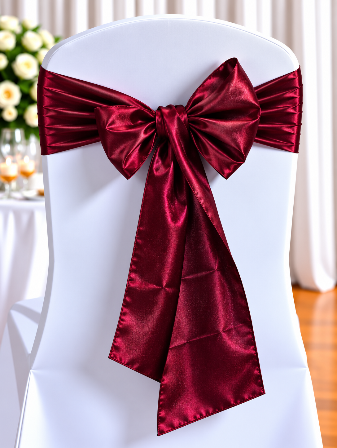 Satin Burgundy | Osmic Productions White Chair Covered in Fabric with a Rich Burgundy Satin Bow Tied Around the Back, As Wedding Decor.