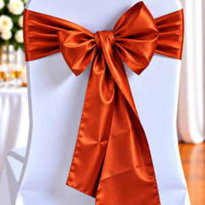 White chair covered in fabric with a large orange satin bow tied around the back, creating a festive wedding decor look