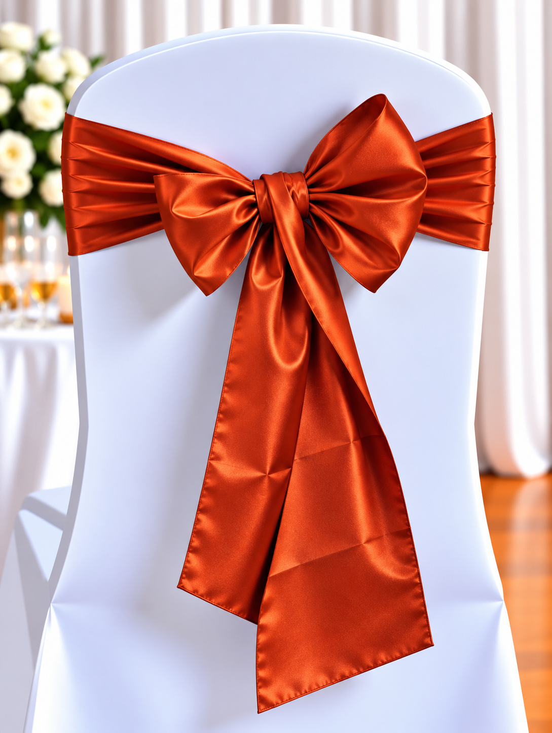 Satin Burnt Orange | Osmic Productions White Chair Covered in Fabric with a Large Orange Satin Bow Tied Around the Back, Creating a Festive Wedding Decor Look