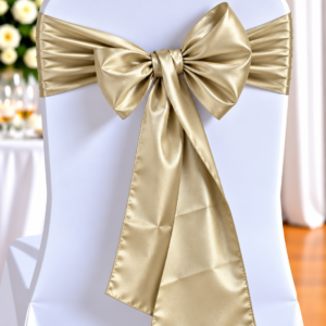 White banquet chair adorned with a large gold satin bow tied around the back, decorative for a formal event