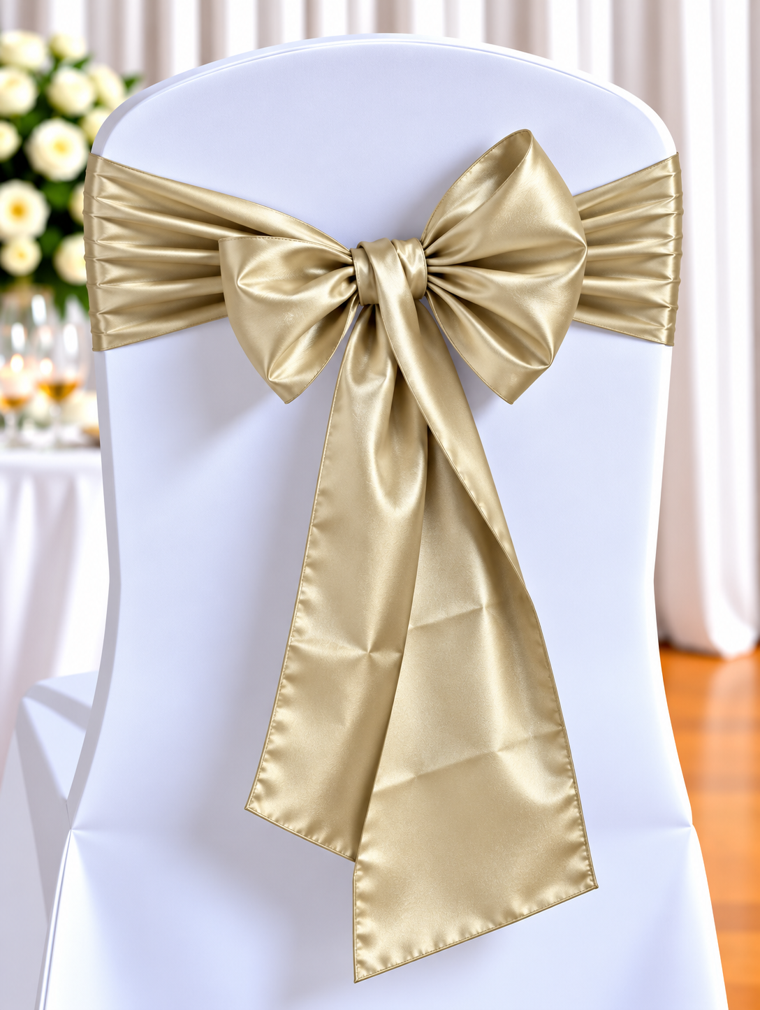 Satin Champagne Gold | Osmic Productions White Banquet Chair Adorned with a Large Gold Satin Bow Tied Around the Back, Decorative for a Formal Event
