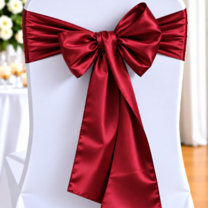 White banquet chair with a large red satin bow tied at the back, in a decorated event space.