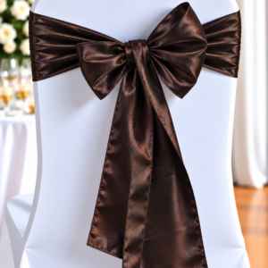 White chair cover with a dark brown satin bow tied at the back, ready for a wedding or formal event.