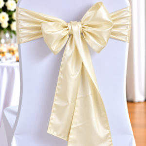 Chair covered in white fabric with a large gold satin bow, likely a decorative wedding chair centerpiece