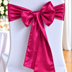 White chair with a bright magenta satin bow tied at the back, likely for a wedding or formal event.