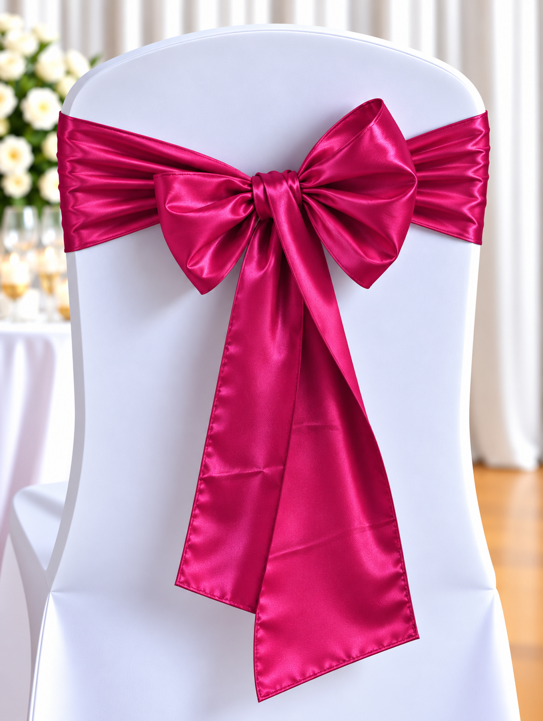 Satin Fucshia Pink | Osmic Productions White Chair with a Bright Magenta Satin Bow Tied at the Back, Likely for a Wedding or Formal Event.
