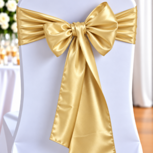 Chair covered in white fabric with a gold satin bow tied around the back, likely for a wedding decor.