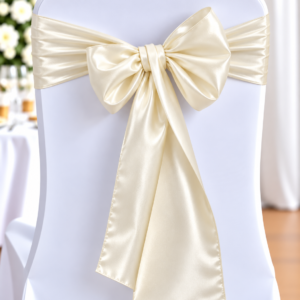 White chair with a cream satin bow tied at the back, used as wedding decor