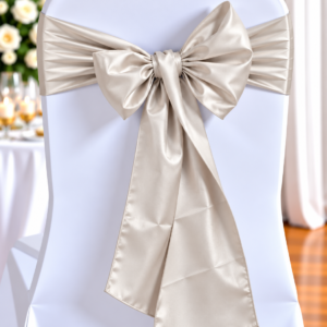 Satin Light Beige | Osmic Productions White Chair with a Large Cream Satin Bow Tied Around Its Back at a Formal Event.