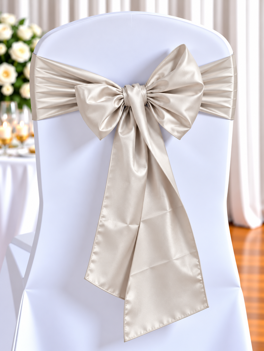 Satin Light Beige | Osmic Productions White Chair with a Large Cream Satin Bow Tied Around Its Back at a Formal Event.
