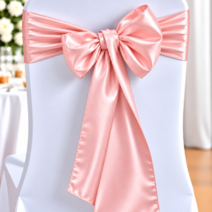 White banquet chair with a pink satin bow tied at the back.
