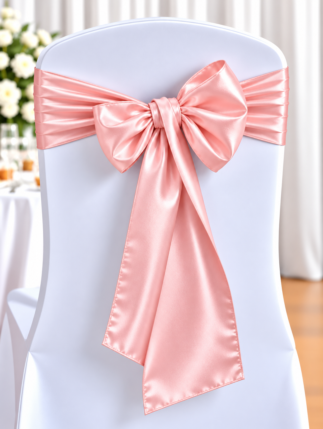 Satin Light Pink | Osmic Productions White Banquet Chair with a Pink Satin Bow Tied at the Back.