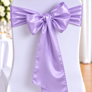 Chair covered in white fabric with a lavender satin sash tied in a bow at the back of the seat, wedding decor.