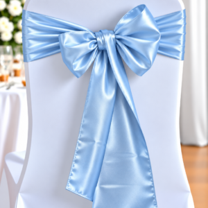Decorated event chair with a light blue satin bow tied around the backrest.