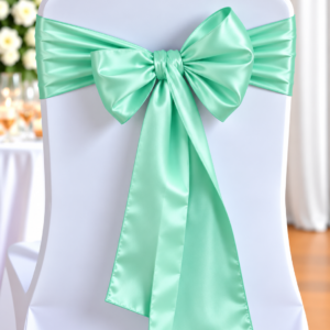 White chair with a mint-green satin bow tied at the back (decorative event seating).