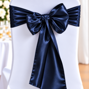 White chair covered in fabric with a large navy satin bow tied at the back for an elegant event.
