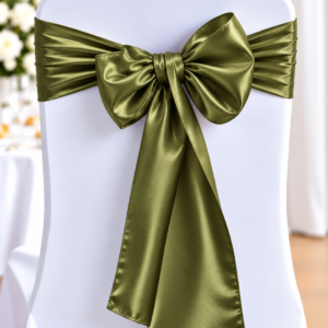 White banquet chair dressed with an olive green satin sash tied in a bow at the back.
