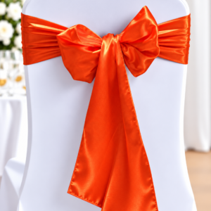 White chair covered in white fabric with a bright orange satin sash tied in a large bow around the back, used as wedding or event decor.