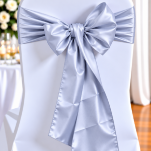 Chair covered in white fabric with a pale blue satin bow tied on the back