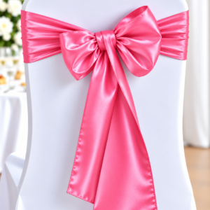 Chair covered in white fabric with a pink satin bow and sash for a wedding or event example.
