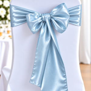 White chair tied with a light blue satin bow for event decor (wedding/party setup).