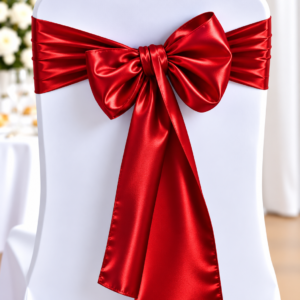 White chair with a large red satin bow tied around the back.