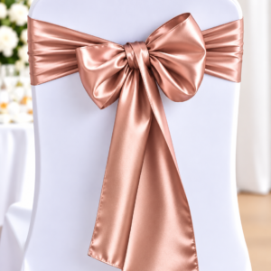 White chair with a rose-gold satin ribbon tied in a large bow at the back of the chair cover.