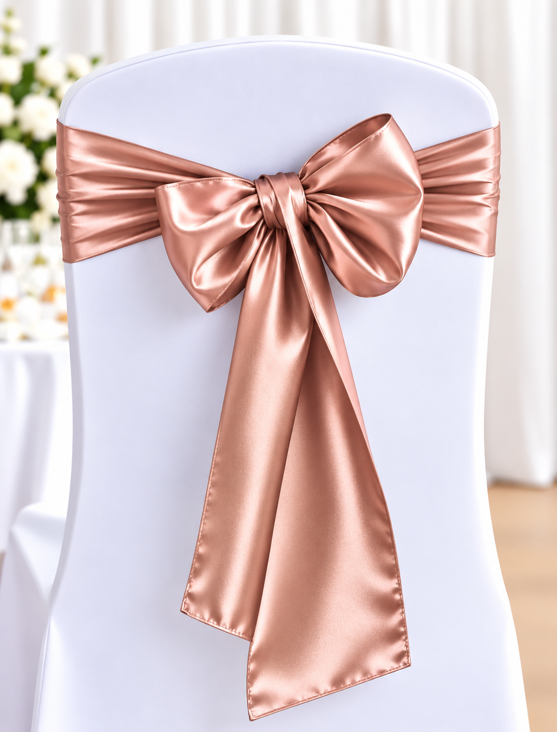 Satin Rose Gold | Osmic Productions White Chair with a Rose-gold Satin Ribbon Tied in a Large Bow at the Back of the Chair Cover.