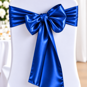 White chair cover with a vivid blue satin bow tied around the back, used for a formal event or wedding decor.