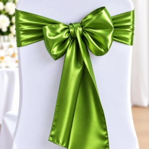White chair with a vibrant emerald-green satin bow tied around the back, decorative wedding seating.