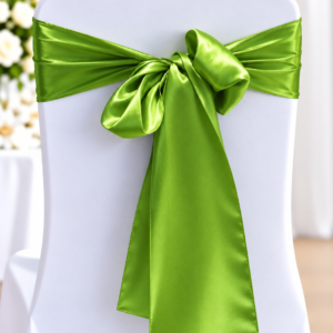White chair with a bright lime-green satin ribbon tied in a bow around the back.