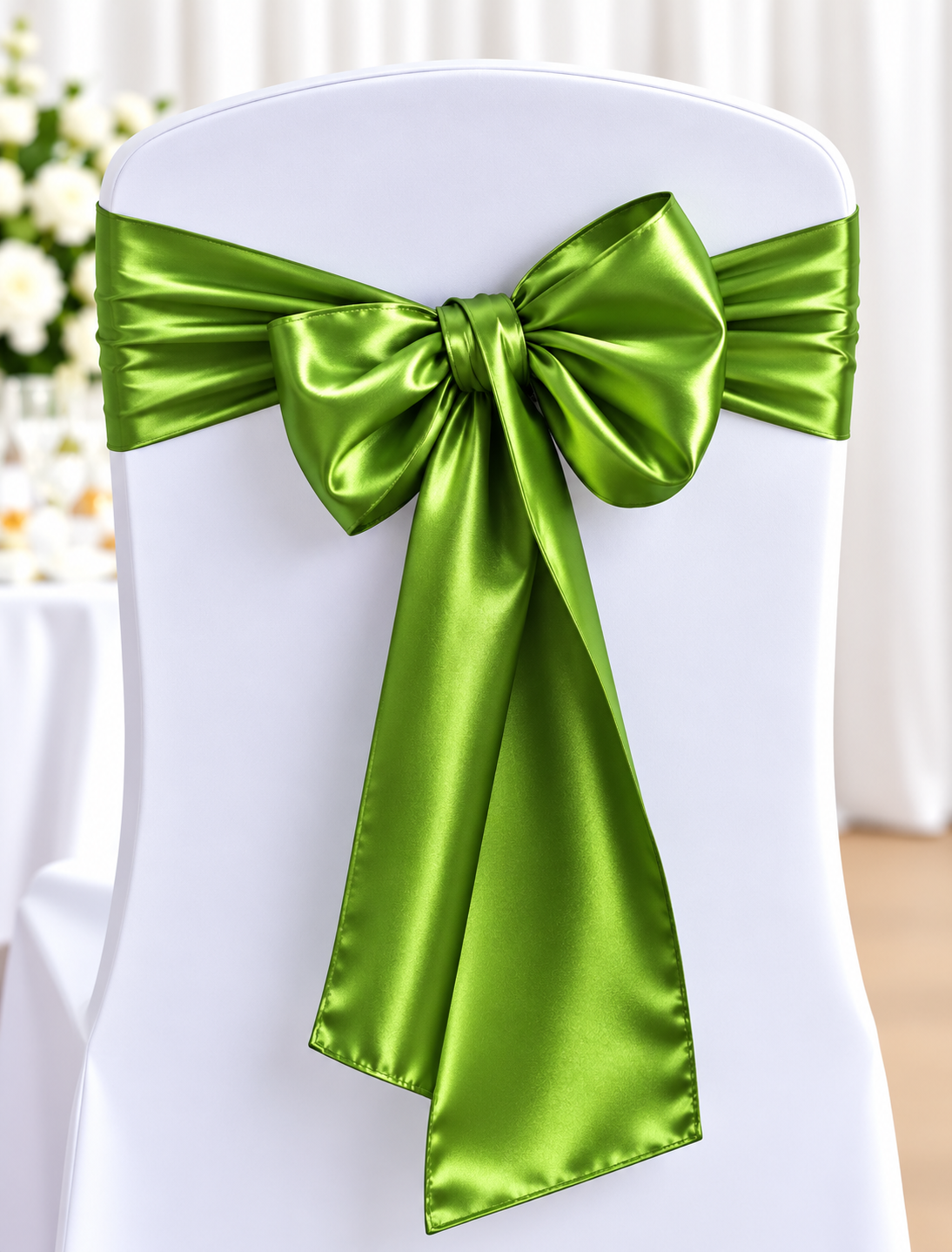 Satin Sage Green | Osmic Productions White Chair with a Vibrant Emerald-green Satin Bow Tied Around the Back, Decorative Wedding Seating.