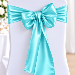 White chair covered in fabric with a bright turquoise satin sash tied in a large bow at the back, wedding decor.