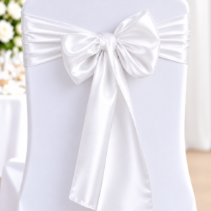 White chair cover tied with a large satin bow, likely for a wedding or formal event.