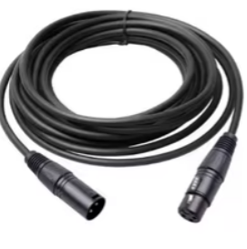 Coiled Black Xlr Microphone Cable with Male and Female Connectors.