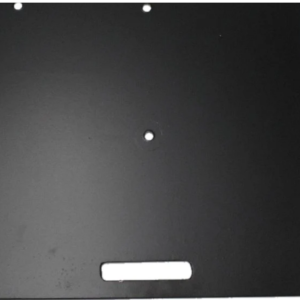 Dark rectangular metal mounting plate with three small screw holes and a horizontal bottom slot.
