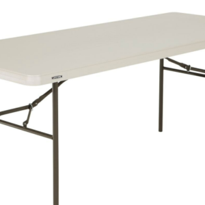 White rectangular folding table with metal legs and support braces, set up for use
