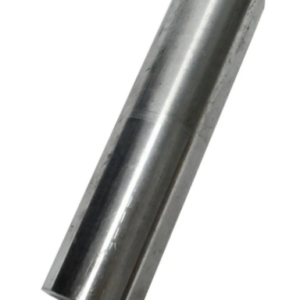 Shiny cylindrical metal rod on a white background, diagonally oriented.