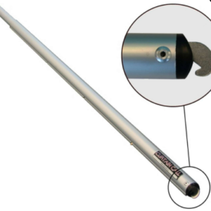 Long silver aluminum rod/tool with a socket-like end; inset shows the end cap with a small hole and curved cutout.