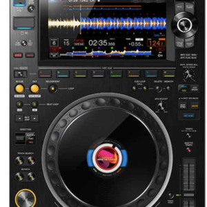Professional DJ controller with large jog wheel, central color waveform display, and numerous buttons and knobs (Pioneer DJ CDJ).