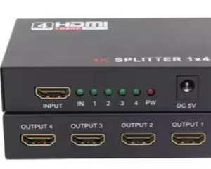 Screenshot20261006121104 | Osmic Productions Black Hdmi Splitter 1x4 with One Input on the Left and Four Outputs on the Bottom; 5v Dc Power Jack on the Right.