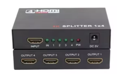 Screenshot20261006121104 | Osmic Productions Black Hdmi Splitter 1x4 with One Input on the Left and Four Outputs on the Bottom; 5v Dc Power Jack on the Right.