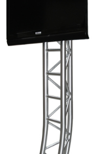 Large flat-screen TV mounted on a silver angled truss stand with a black circular base.