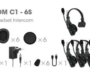Solidcom C1-6s Six-person Headset Intercom Kit, Showing the Base Unit, Six Headsets with Microphones, Earpieces, Batteries, Charger, and Multiple Cables and Adapters for Full Setup.