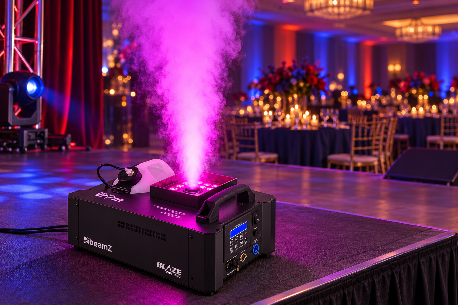 Beamz Blaze 1200 Ballroom Eventuse Example | Osmic Productions Beamz Blaze 1200 Vertical Fog Machine in a Styled Ballroom Event-use Example
